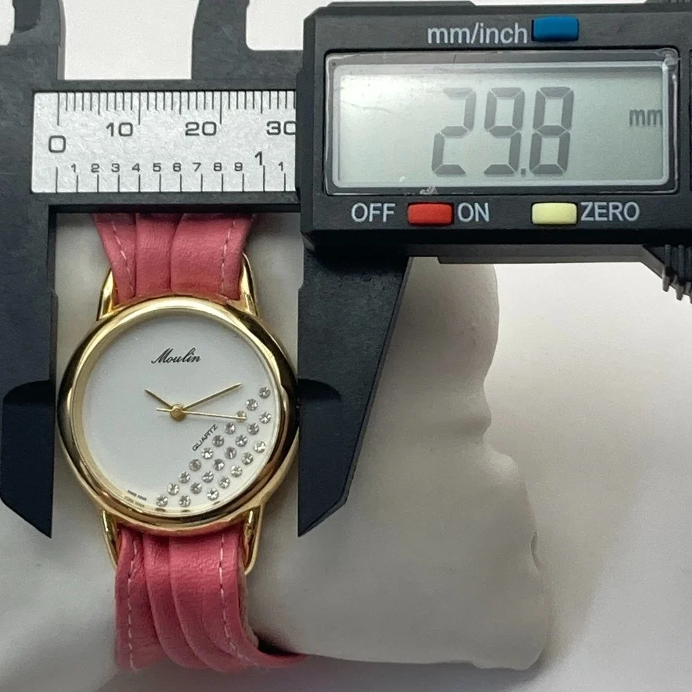 Vintage Moulin Women's Watch Gold Tone 30mm Crystals MOP Dial New Battery 6.25